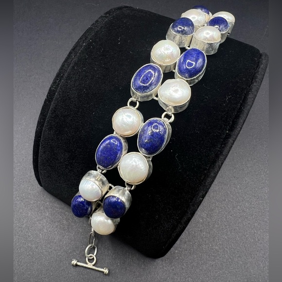 Lapis Lazuli, Pearl and Sterling Silver Bracelet - Picture 2 of 4